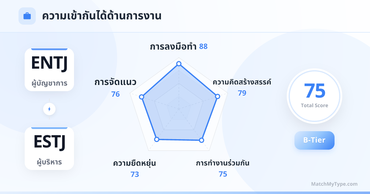 ENTJ x ESTJ รูปแบบการทำงาน - การวิเคราะห์แผนภูมิเรดาร์ความเข้ากันด้านการทำงาน