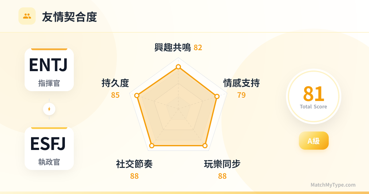 ENTJ x ESFJ 社交模式 - 友情契合度雷達圖分析