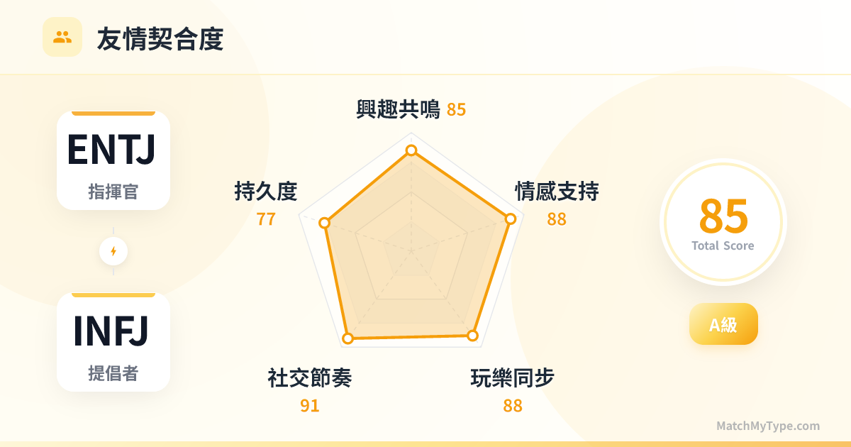 ENTJ x INFJ 社交模式 - 友情契合度雷達圖分析