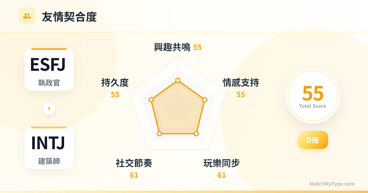 ESFJ x INTJ 社交模式 - 友情契合度雷達圖分析