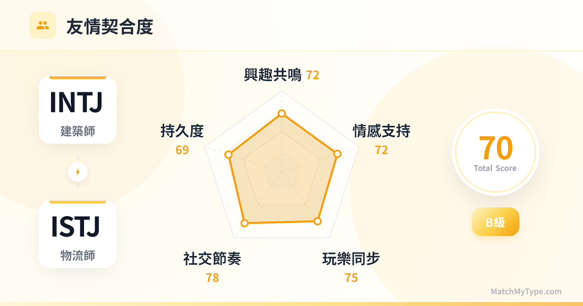 INTJ x ISTJ 社交模式 - 友情契合度雷達圖分析