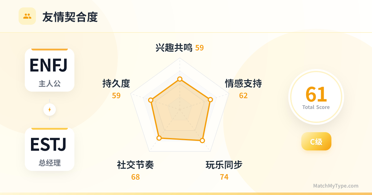 ENFJ x ESTJ 社交模式 - 友情契合度雷达图分析
