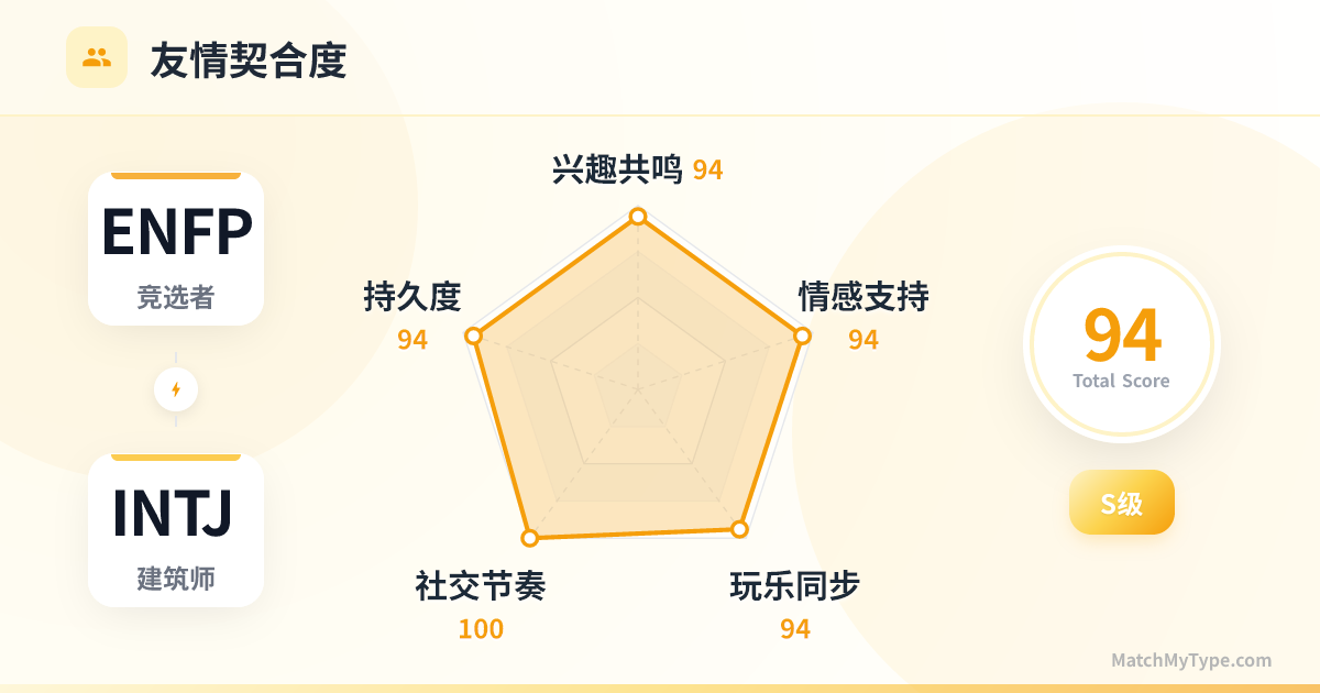 ENFP x INTJ 社交模式 - 友情契合度雷达图分析