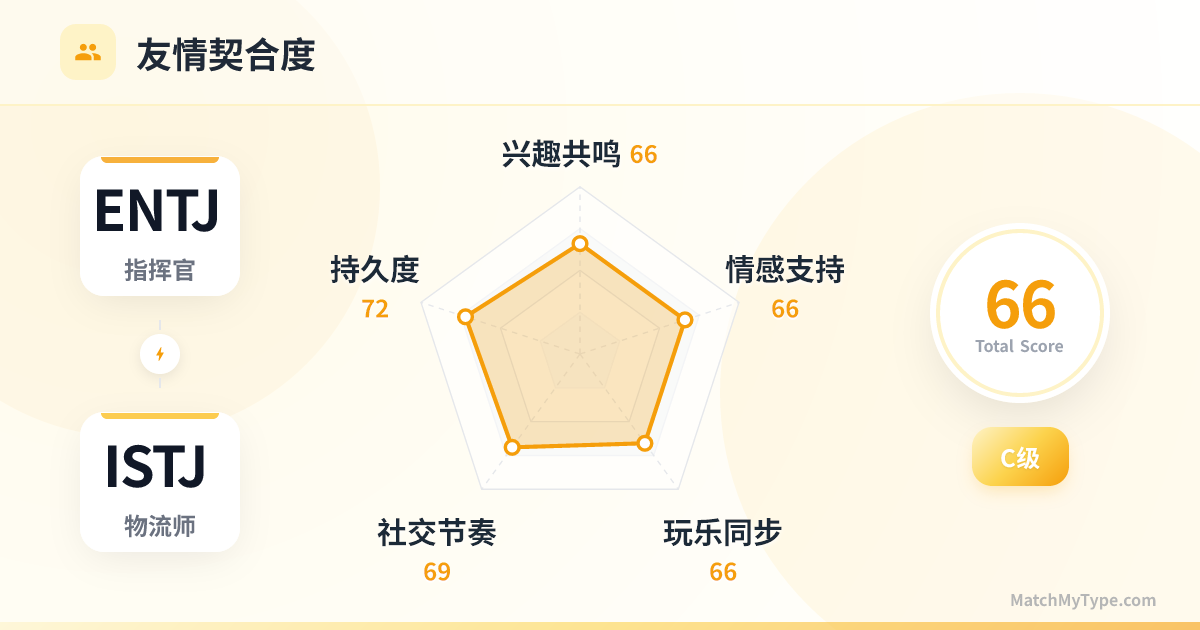 ENTJ x ISTJ 社交模式 - 友情契合度雷达图分析