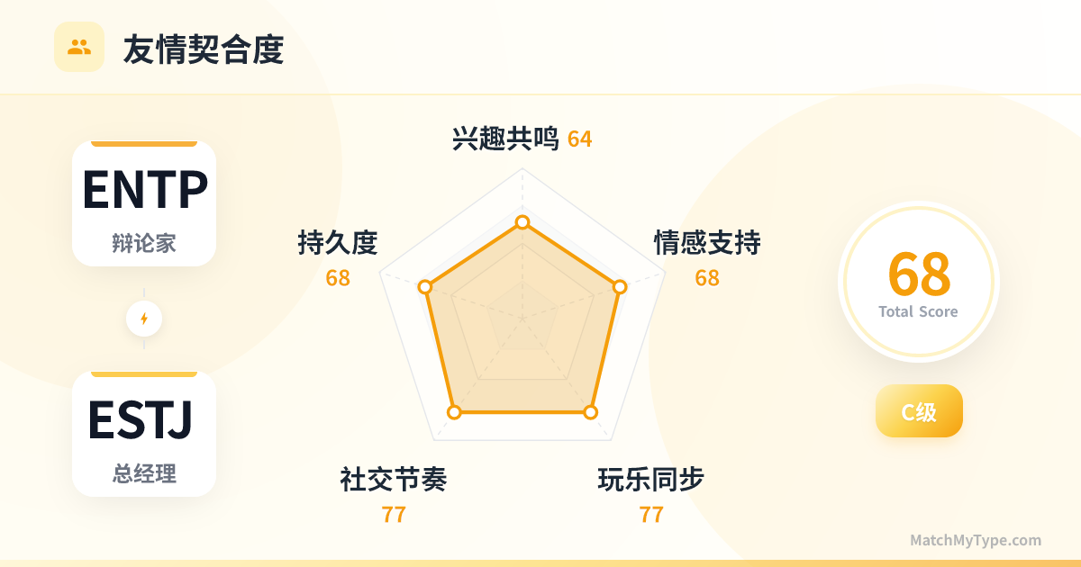 ENTP x ESTJ 社交模式 - 友情契合度雷达图分析