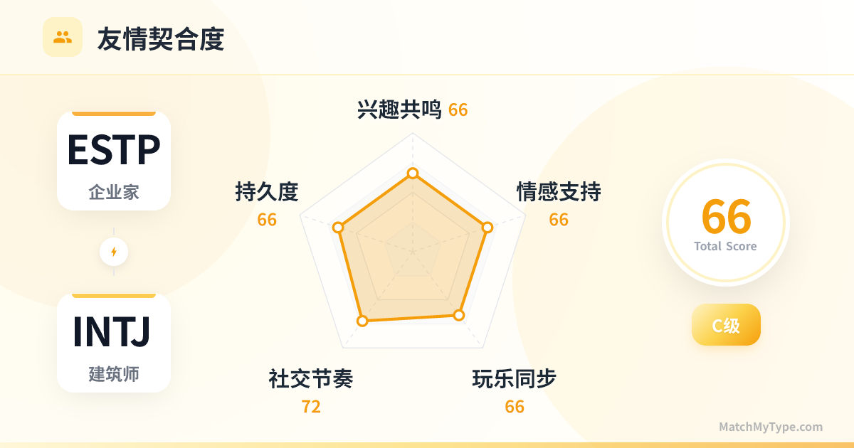 ESTP x INTJ 社交模式 - 友情契合度雷达图分析